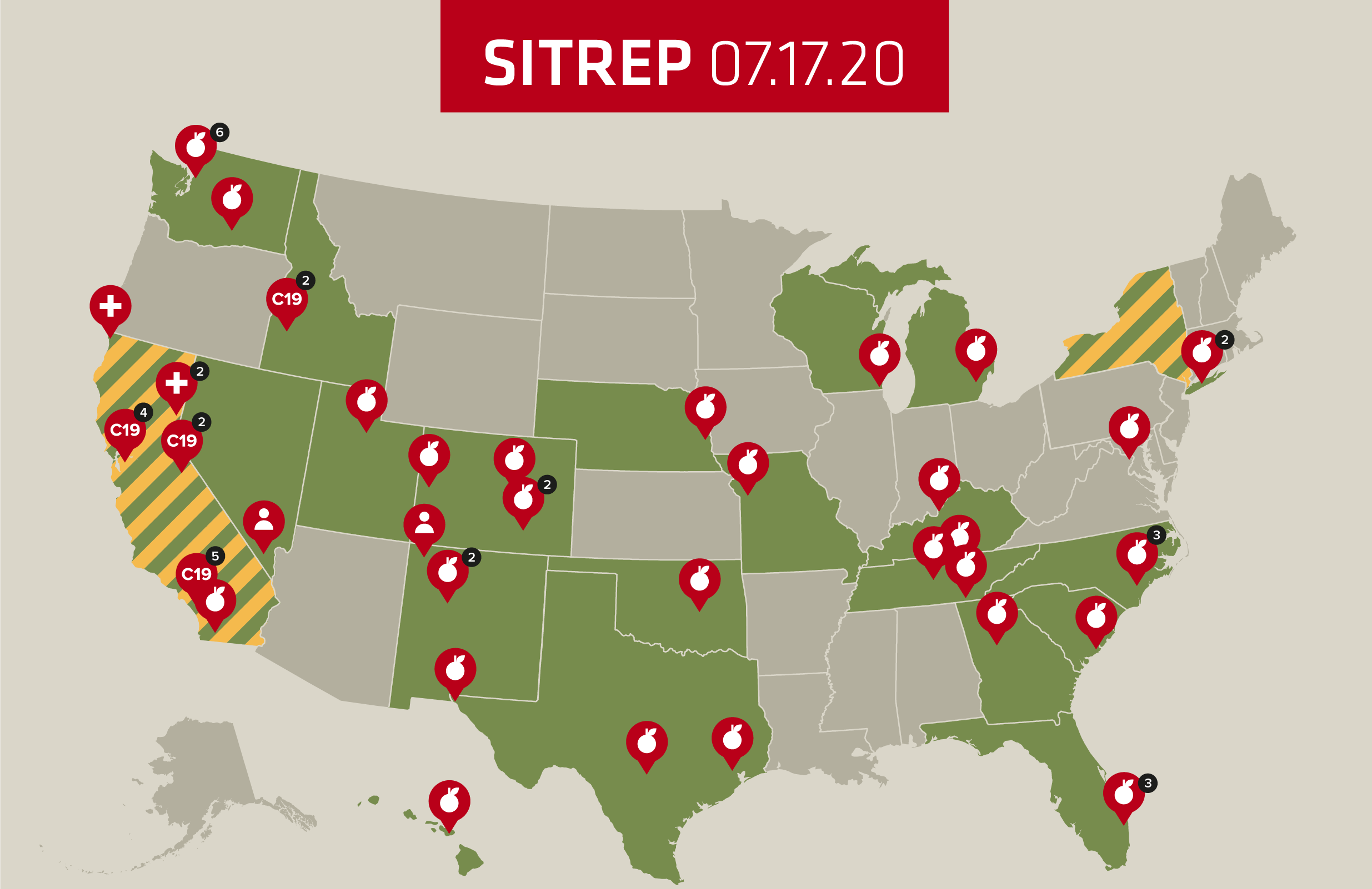 A map of Team Rubicon's COVID-19 response operations.